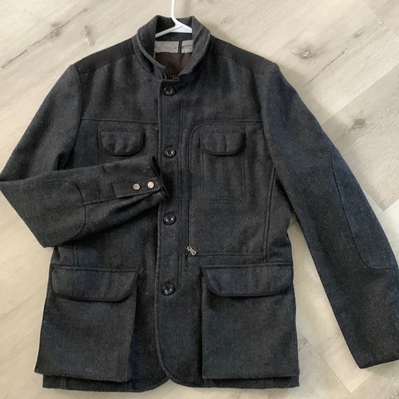 Zara Man Classic Sport Gray Zipper Peacoat Wool‎ Coat Jacket L herringbone - Picture 1 of 16